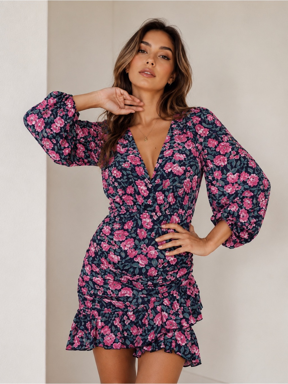 Missguided Floral Wrap Mini Dress Size US 2 Navy Pink Long Sheer Sleeve Ruffle